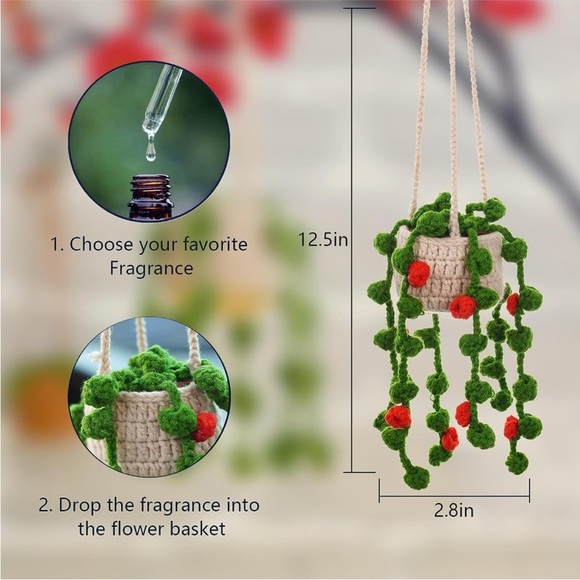 Handmade Woven Flower Plant Pot Yarn Knit Car Mirror/Wall Hanging Cute Accessory - Picture 5 of 5